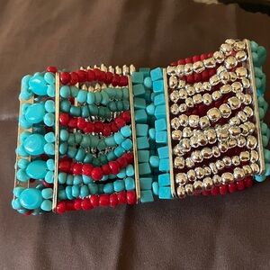 Turquoise and Red Handcrafted Beaded Bracelet 8 Inches on stretch cord
